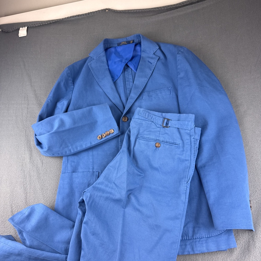 Polo Ralph Lauren Suit Mens 38S Blue Linen Pants 32x27 Sport Coat Blazer 2 Piece